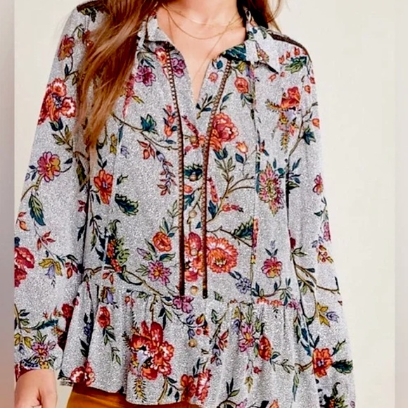 Anthropologie Maeve Janie Long-Sleeve Blouse Black Floral 12 PETITE Like-New - Picture 3 of 14